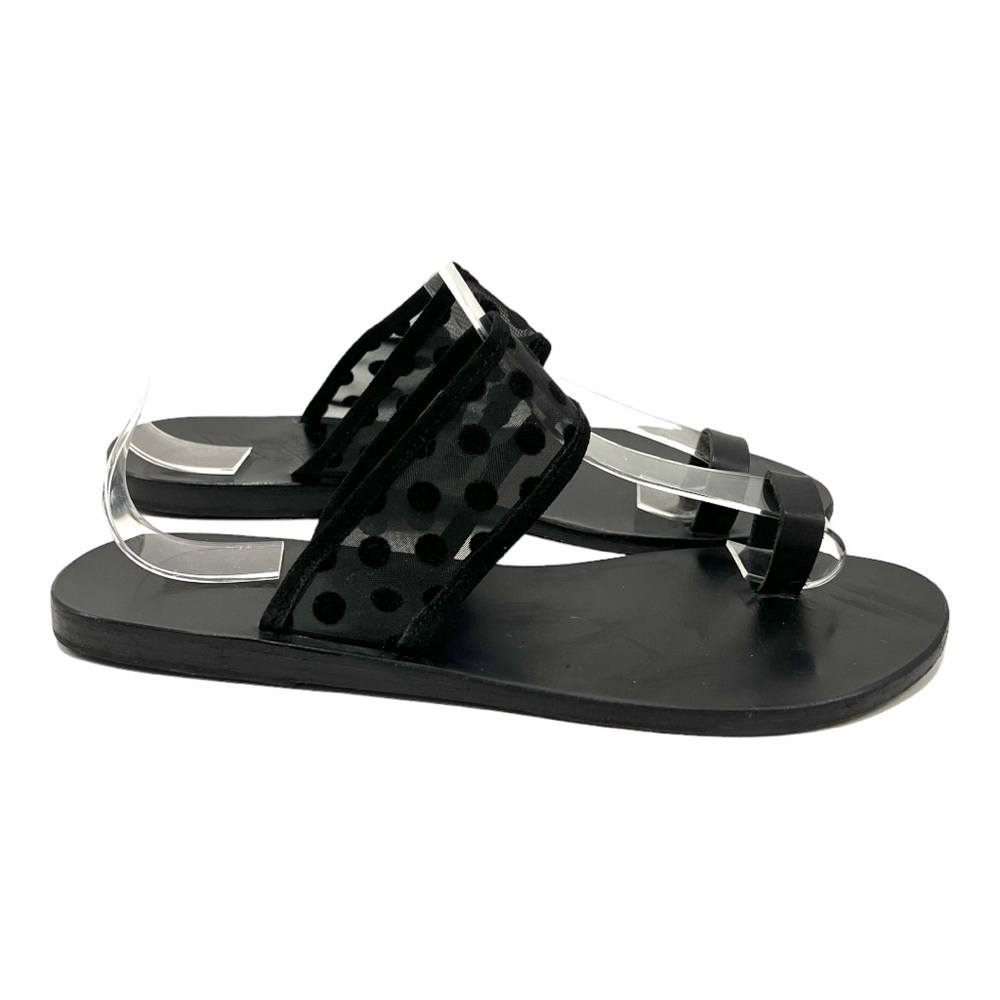 Ancient Greek Sandals Black Leather Sheer Polka Dot Toe Loop Slide Sandals 38